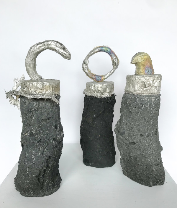 Tin totems - Serpent, Ouroborus, and Eagle by Chantal Powell 