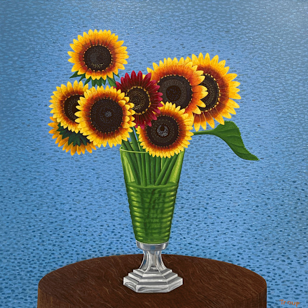 SUNFLOWERS IN GREEN VASE by JANE TROUP