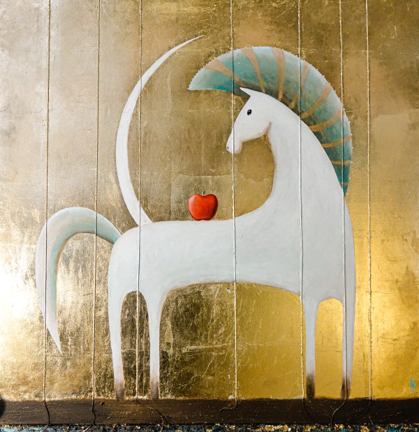 Golden collection / White horse with an apple and moon phases by Mojca Fo