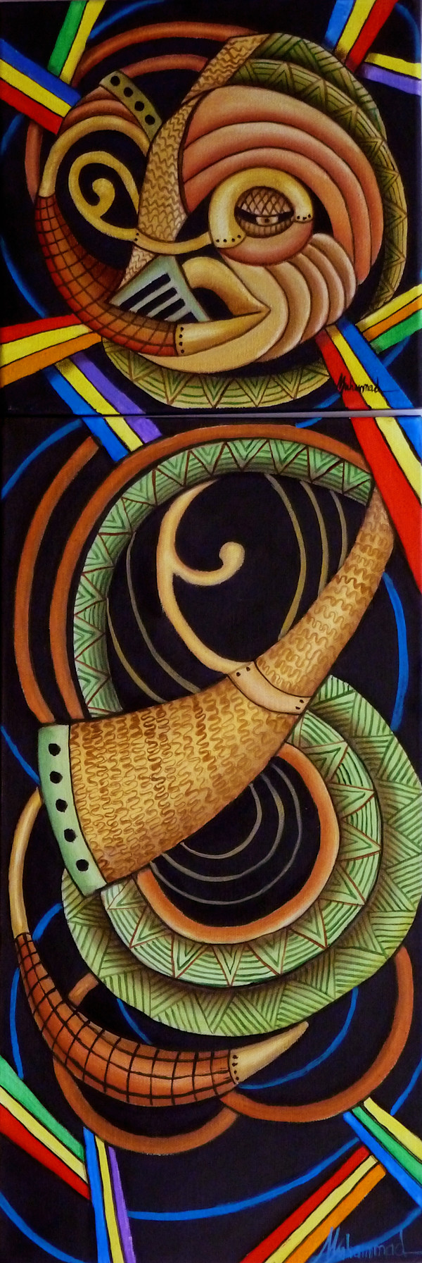 Maruvian Baluba Mask Diptych by Marcella Hayes Muhammad, Image 1.