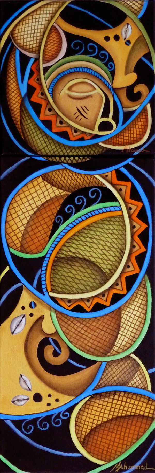 Maruvian Golden Calabash Mask Diptych by Marcella Hayes Muhammad, Image 1.