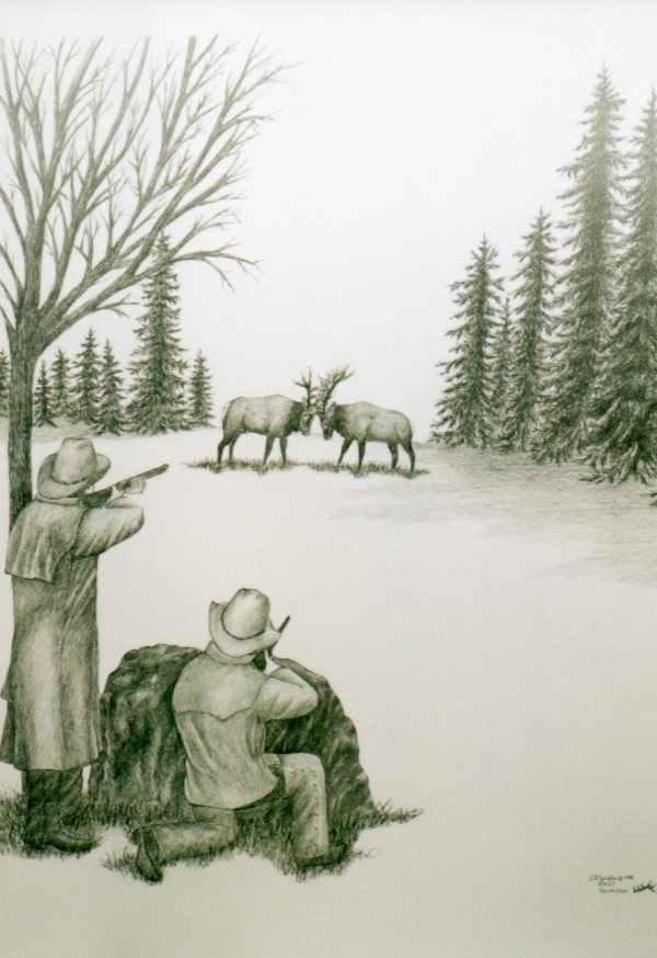 Elk Hunt (drawing 2) by Carol Zirkle