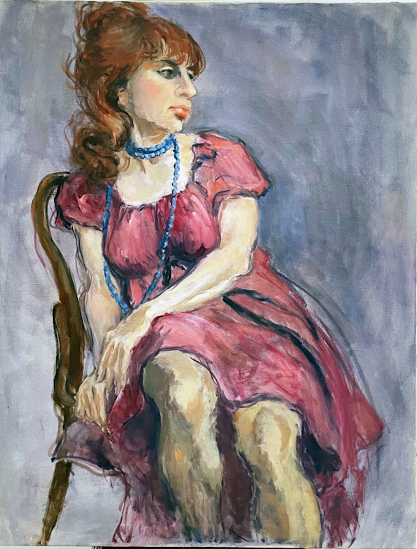 Woman with Red Dress and a Blue Necklace by Pat Ralph