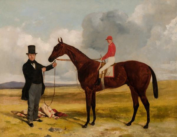 A Trainer Holding a Bay Racehorse Jockey Up at Newmarket by Harry Hall