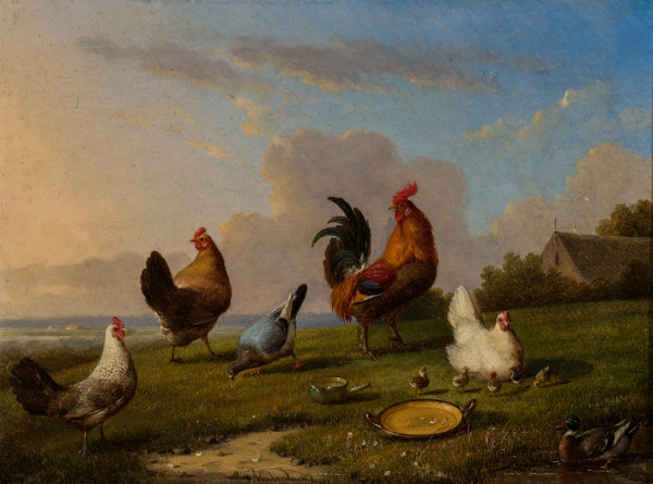 'Sheep with Chickens and Mallards' and 'Chickens with Mallards' (a pair) by Franz van Severdonck