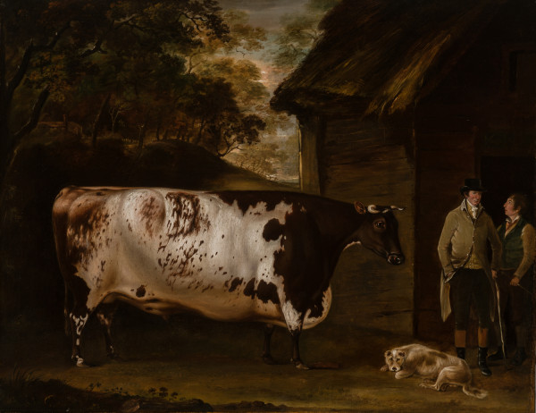 A Bull and Figures Outside a Barn in a Wooded Landscape by Thomas Weaver