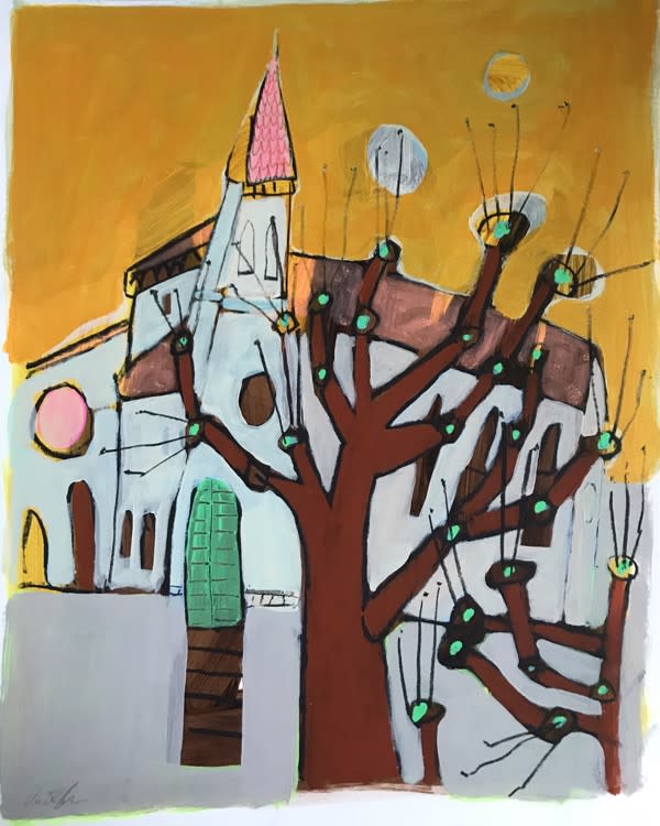 Une église avec une porte verte by Rachael Van Dyke