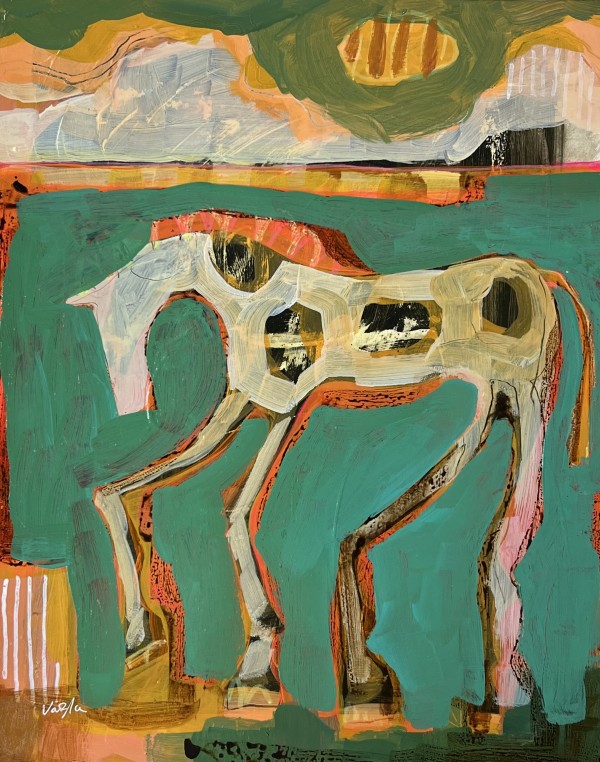 Pinto Horse in Aqua Field by Rachael Van Dyke