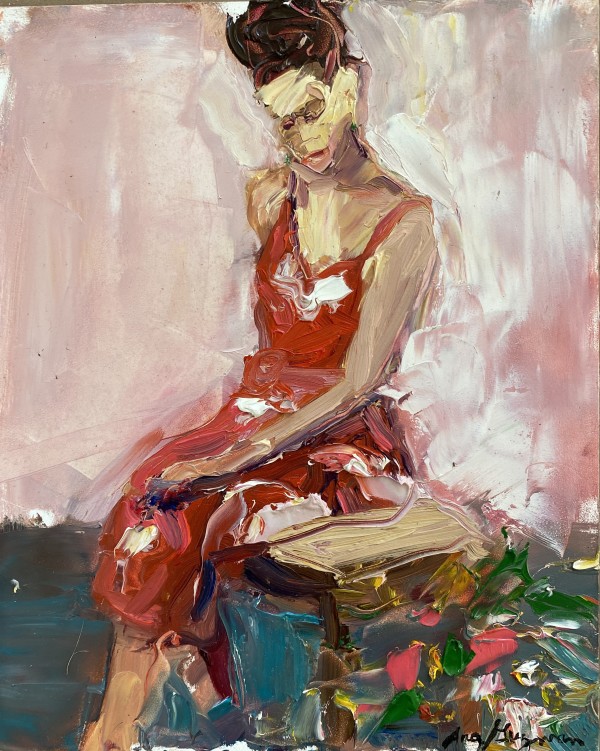 Seated Lady in Red Dress