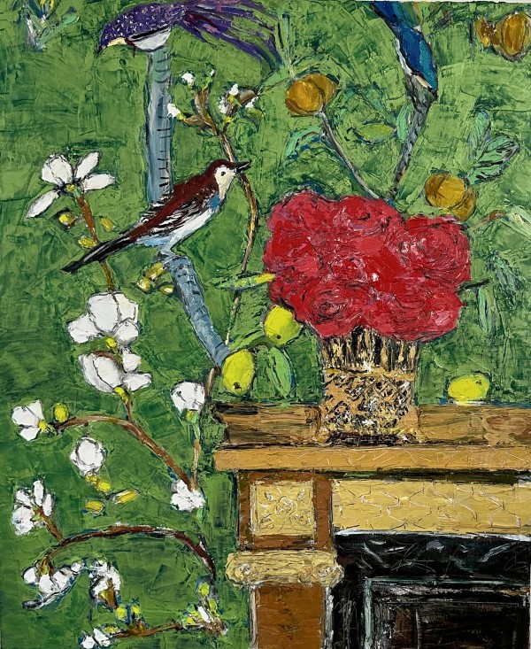 Interior- red roses and birds by Ana Guzman