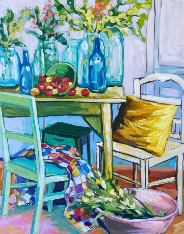 Blue Bottles on the Table by Clair Bremner