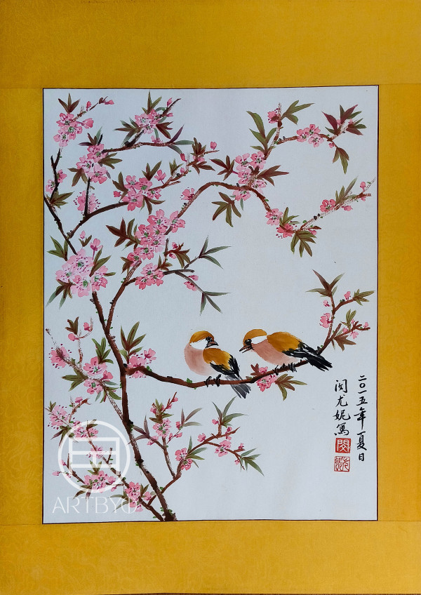 Plum Blossoms with Yellow Birds by ioni mendoza