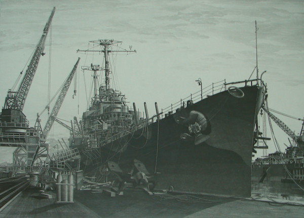 USS Columbia Under Construction at the New York Shipbuilding Corporation, Camden, NJ - 1942 by John Taylor Arms