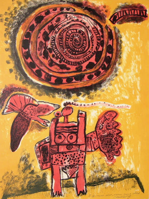 Femme-deesse, oiseau, grand soleil by Corneille Guillaume Beverloo