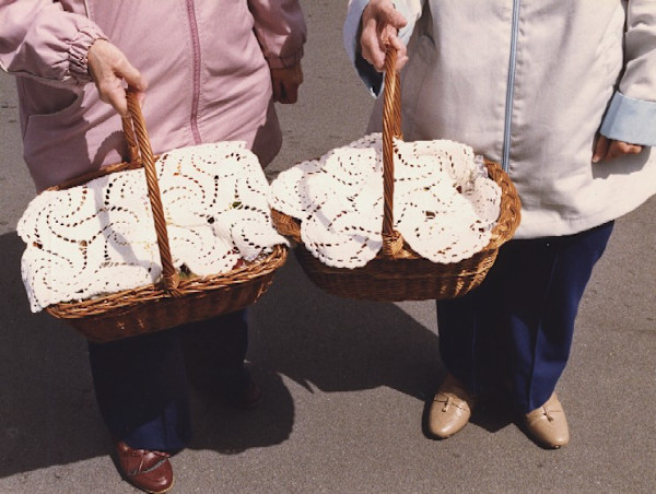 Swienconka: 2 women-pink and white coats with baskets by Marion Faller