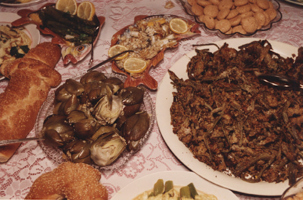 StJoseph's day table:Pat Pino's table,detail: Artichokes by Marion Faller