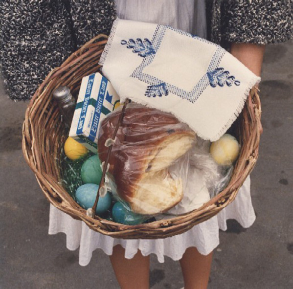 Swienconka:woman w/basket w/bread,blue&white cloth by Marion Faller