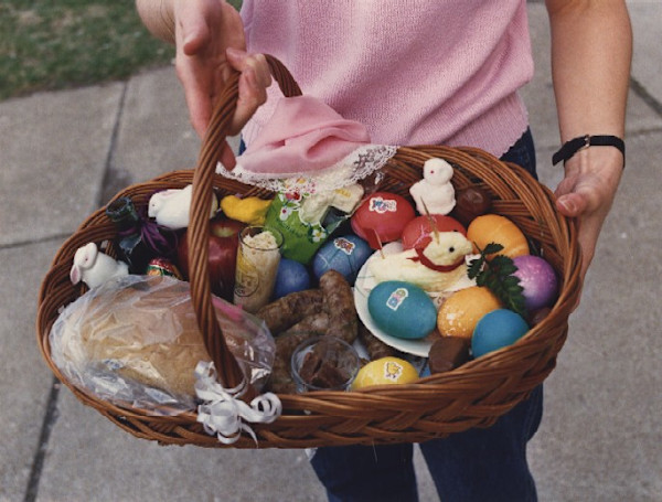 Swienconka:woman in pink shirt with basket by Marion Faller