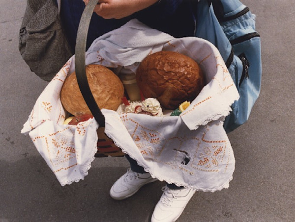 Swienconka:basket w/2 bread loaves,white cloth by Marion Faller