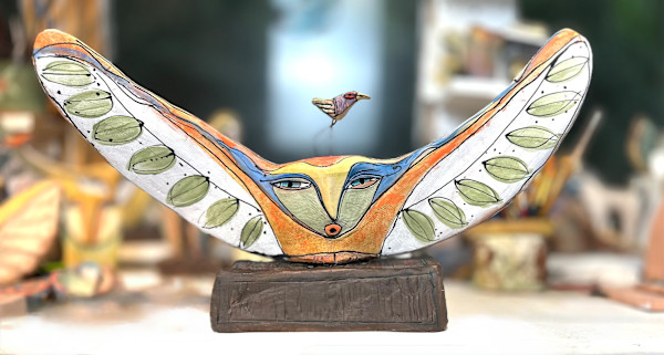 "Owl Person and the Dancing Bird. Celebration" 17" wide x 8-1/2" H by Blue Fire MacMahon