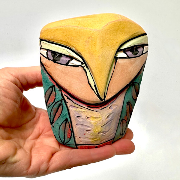 Owl art, ceramic owl sculpture, whimsical, colorful owl, "Owl Person Remembering the Dream" by Blue Fire MacMahon