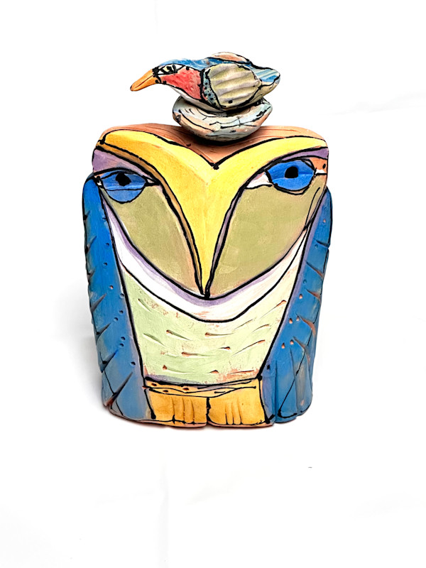 "Owl and the Blue Beauty Bird at One with All", 7 inches tall by Blue Fire MacMahon