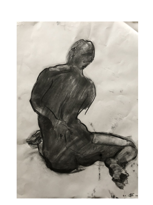 Figure drawing of a young man, seated with arm behind his back. by Brendan Fitzpatrick 費博東