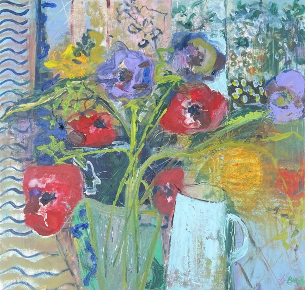 Anemones with a Blue Jug by Lesley Birch