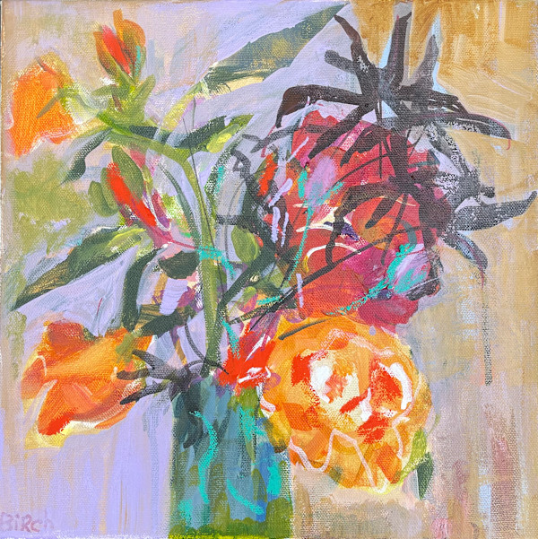 Peachy Roses with Acer Leaves by Lesley Birch