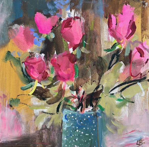 Pink Roses in a Spotted Vase by Lesley Birch
