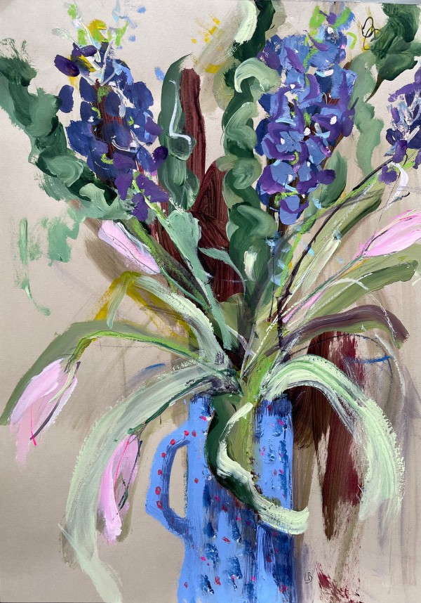 Stocks & Tulips in a Blue Jug - on sale by Lesley Birch, Image 4.