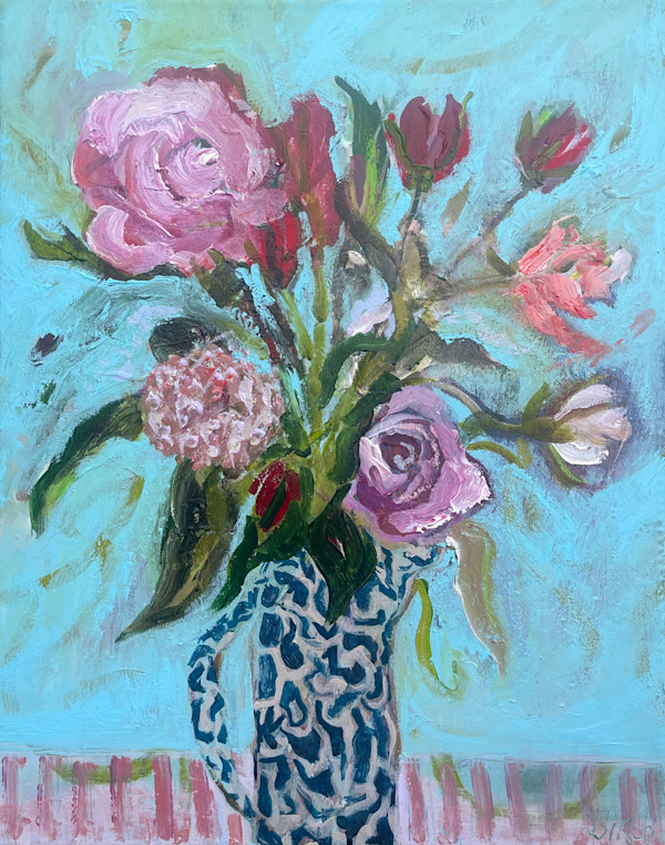 Bouquet in a Patterned Jug by Lesley Birch, Image 1.