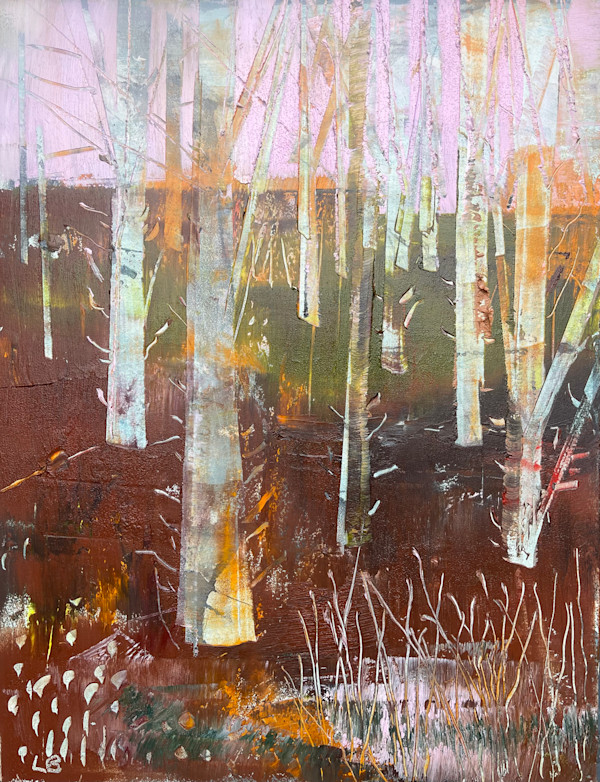 Woodland with Pink Sky by Lesley Birch