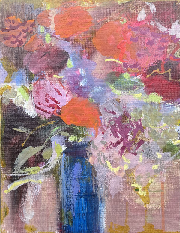 Zinnias, Blue Pot by Lesley Birch