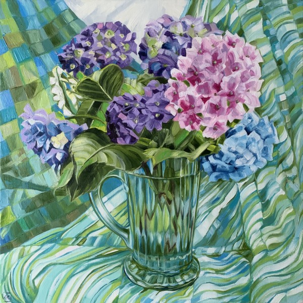 Blue Depression Glass and Hydrangeas by Alicia Cornwell