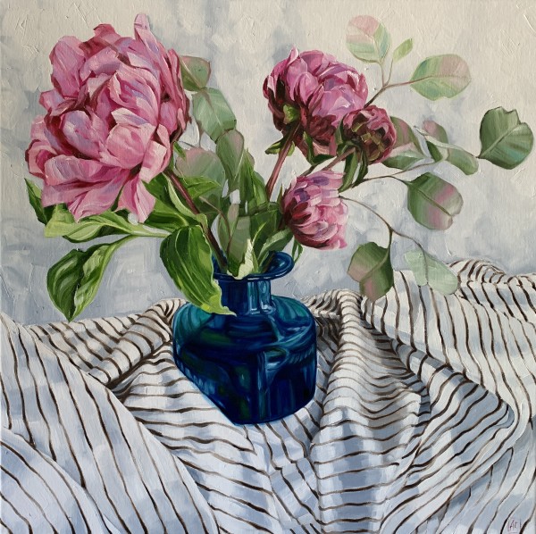 Peonies, French Ticking  and Gum Leaves by Alicia Cornwell