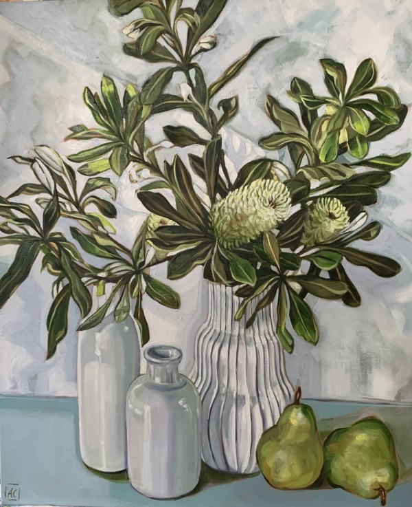 Three vases and Banksia by Alicia Cornwell