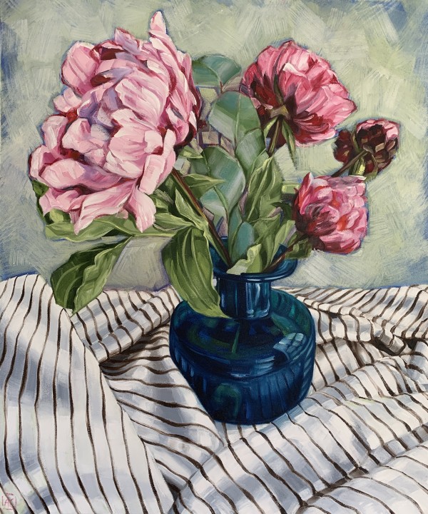Peonies on French Ticking by Alicia Cornwell