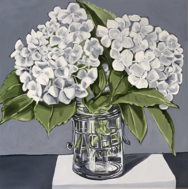 White Hydrangeas in Agee Jar by Alicia Cornwell