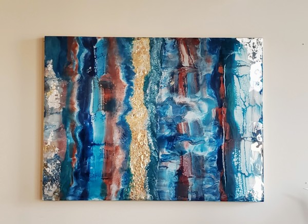 Abstract Resin Art (Ruby Metallic, Blues, Silver, Turquoise, & Gold on Cradled Wood Panel w Silver, Gold, Copper Leaf by Tana Hensley