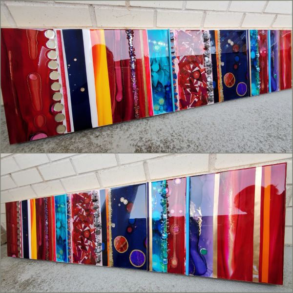Abstract Collage Art on Wood Panel 12"x 48"x 1.5" w Glass, Alcohol Inks, Resin by Tana Hensley