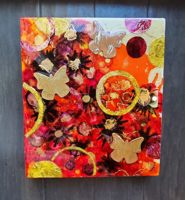 Alcohol Ink Abstract Collage Resin Art, Gallery Cradled Wood Panel, Gold & Copper Butterflies by Tana Hensley