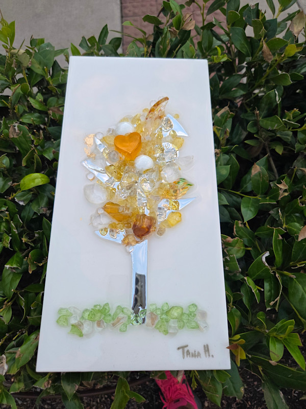 Resin Glass Abstract Tree in Yellow, Silver Leaf and Mirror Glass  6x12 by Tana Hensley