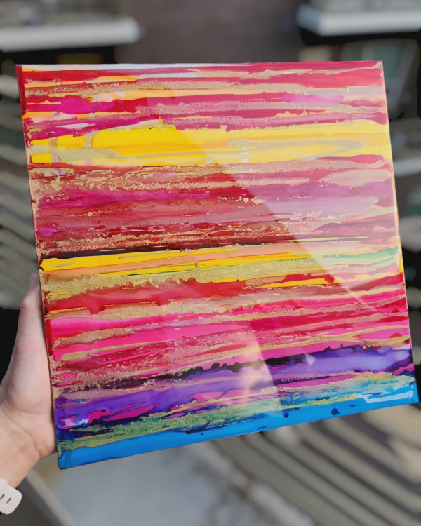Bright, Bold, Colorful Abstract Resin Wall or Shelf Artwork on 12x12x1.5 inch Gallery Cradled Canvas by Tana Hensley