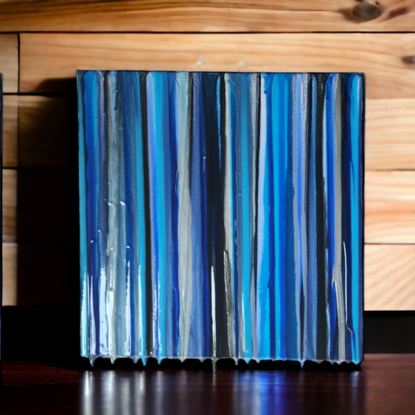 Abstract Resin Art In Linear Drips, Navy Blue, Silver, Sky Blue, Ultramarine Blue, Black, Pigments on Gallery Cradled Canvas by Tana Hensley