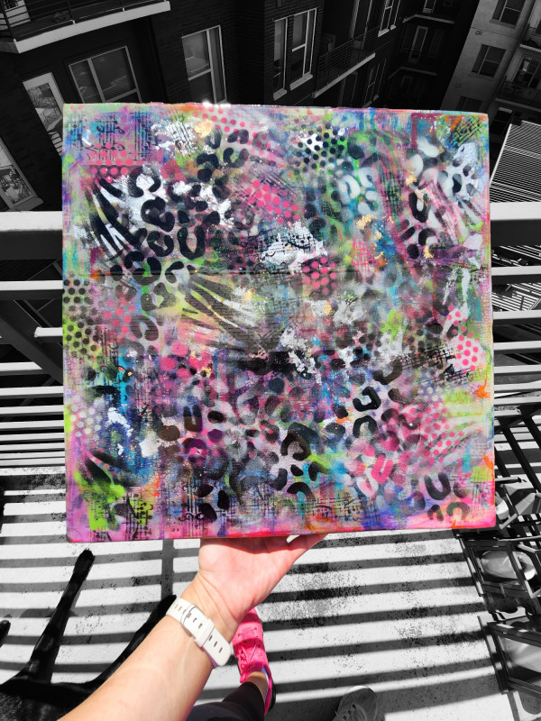 Abstract Resin Art Graffiti Style Leopard, Music notes, Polka Dots, & Misc Design Mixed Media Textured Art Over Crackle Paste on Wood Panel by Tana Hensley