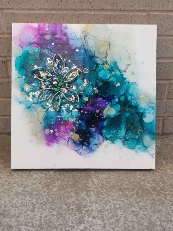 Abstract Resin Art + Glass Flower 16x16 inches by Tana Hensley