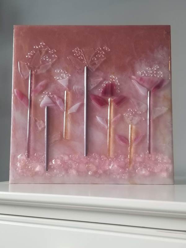 Rose Gold, Pink Glass Flowers, Epoxy Resin Shelf or  Wall Art by Tana Hensley