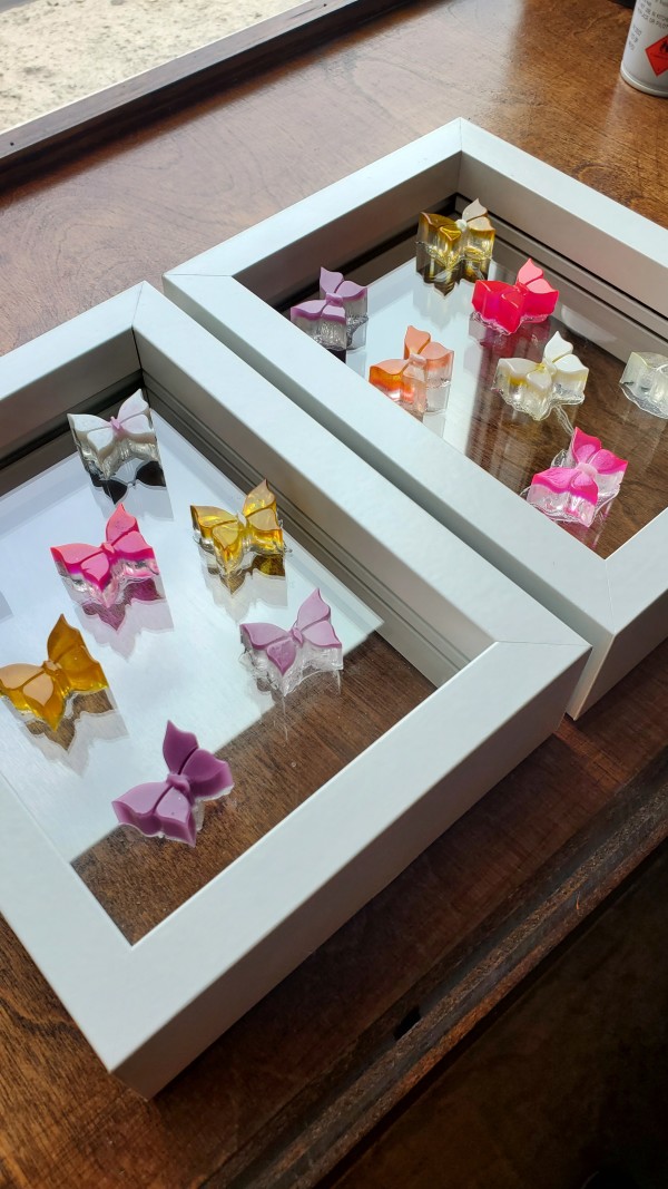 Set of White Deep Framed Shadow Box w Double Glass Panes & Hand Designed Resin Butterflies in Pinks, Yellow, Clear, Lavender, Silver Glitter by Tana Hensley