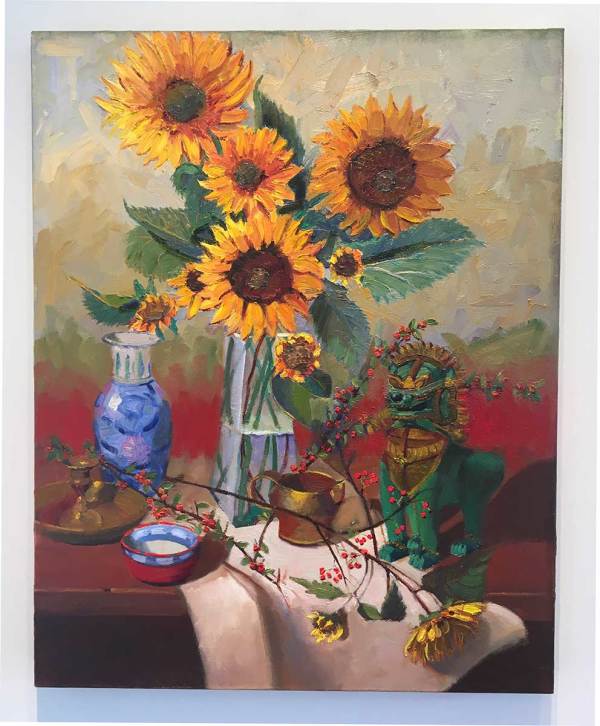 Sunflowers and Foo Dog by James Cobb